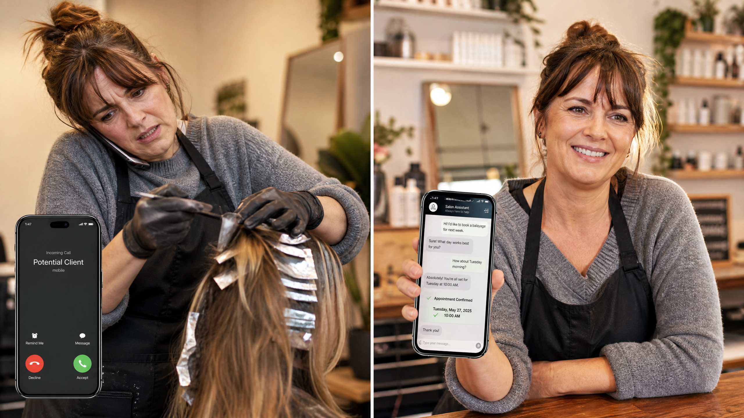 Links: gestresste Friseurin kann Anruf nicht annehmen – Rechts: entspannt mit ChatBot Terminbestätigung